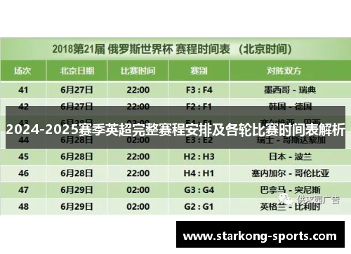 2024-2025赛季英超完整赛程安排及各轮比赛时间表解析